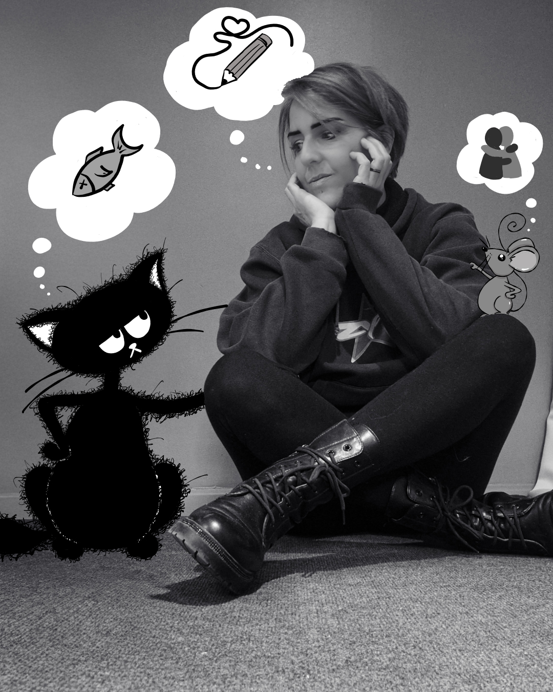 Aurore assise, entourée de Chat Thon, d’une souris et de bulles illustrées