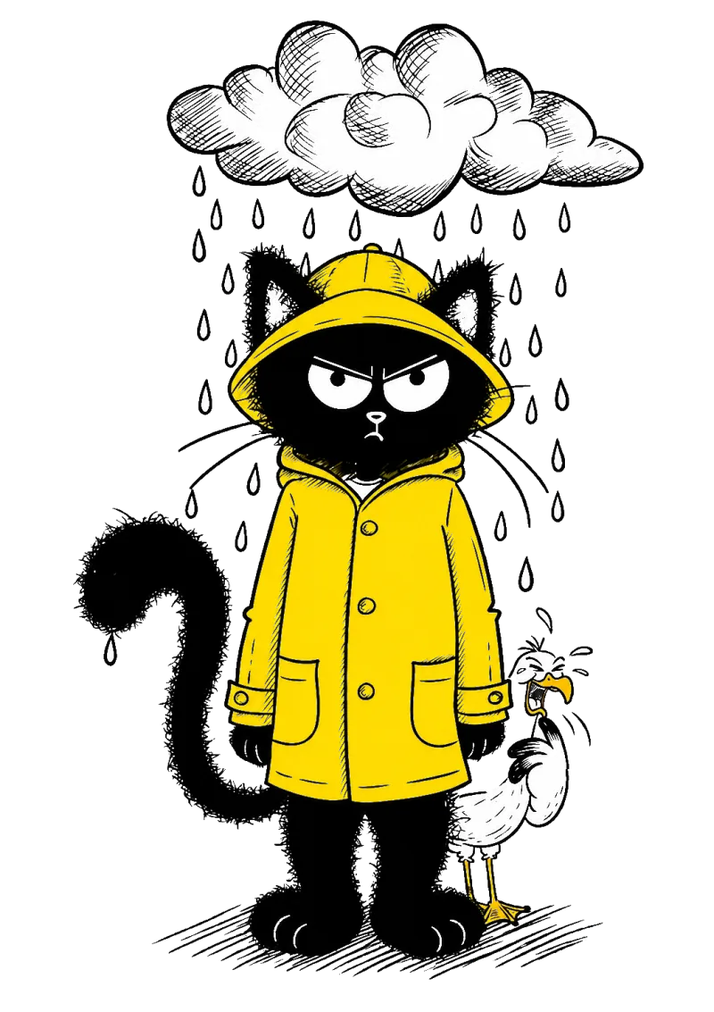Chat Thon en ciré jaune sous la pluie avec sa mouette