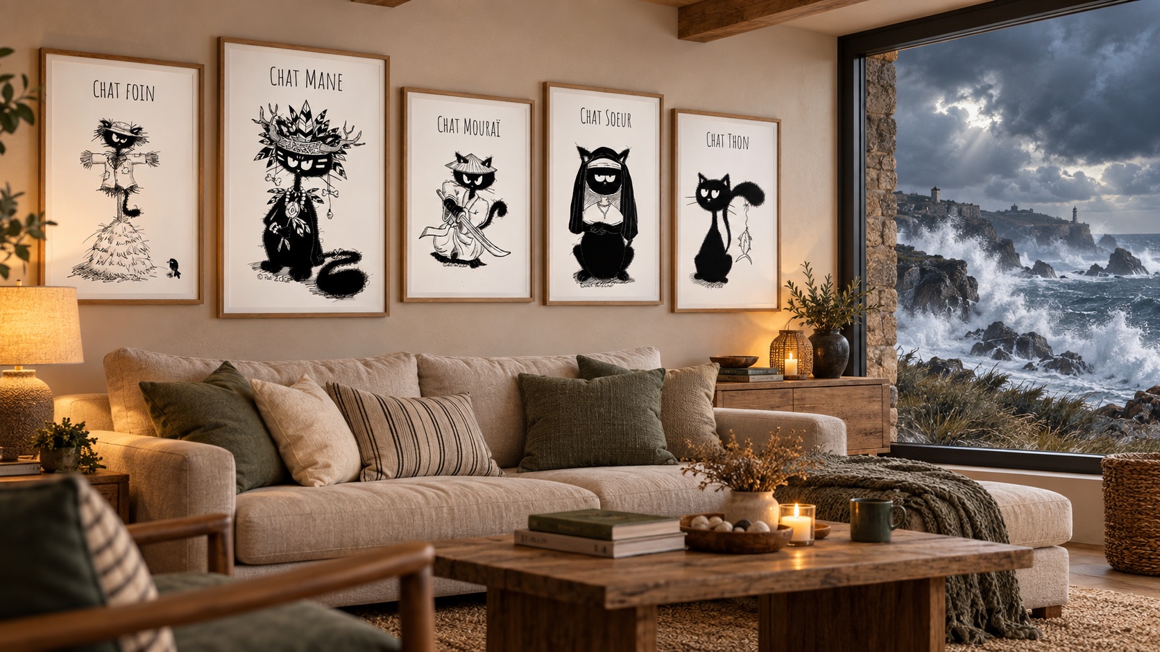 Collection de chats illustrés dans un salon face à une mer déchaînée
