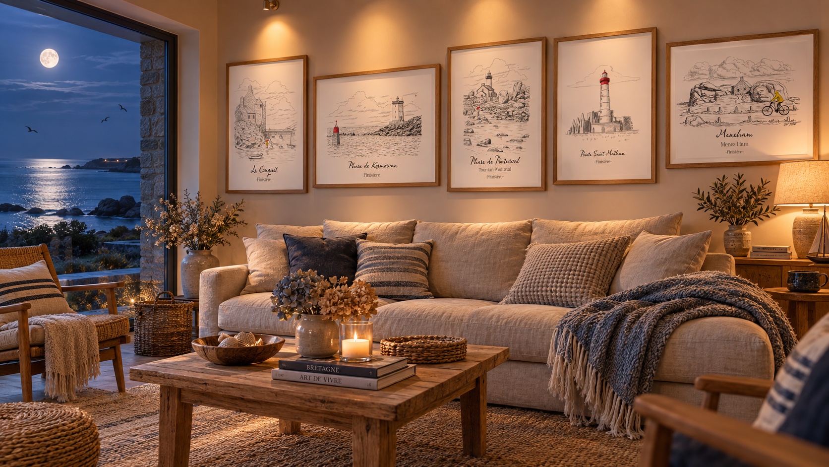 Cinq affiches de paysages bretons dans un salon chaleureux face à une mer calme sous la pleine lune