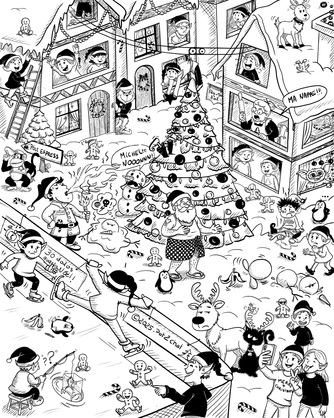 Illustration Cherche et Trouve de Noël en noir et blanc