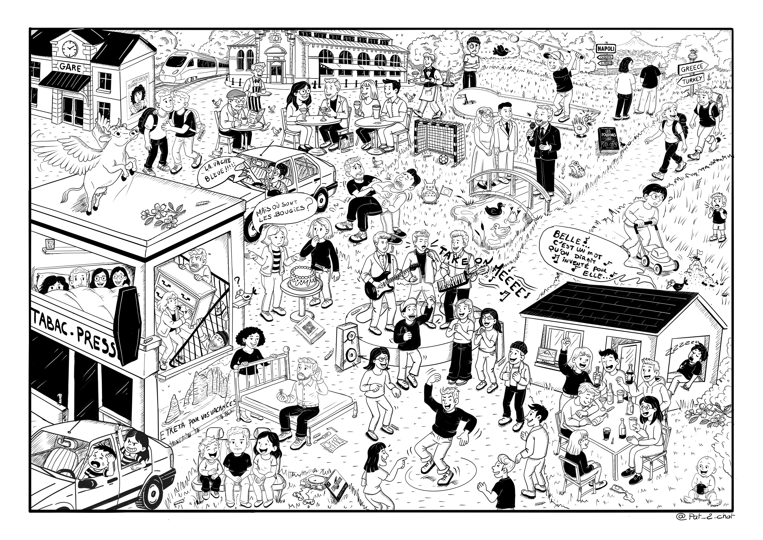 Illustration Cherche et Trouve en noir et blanc avec une grande scène de vie