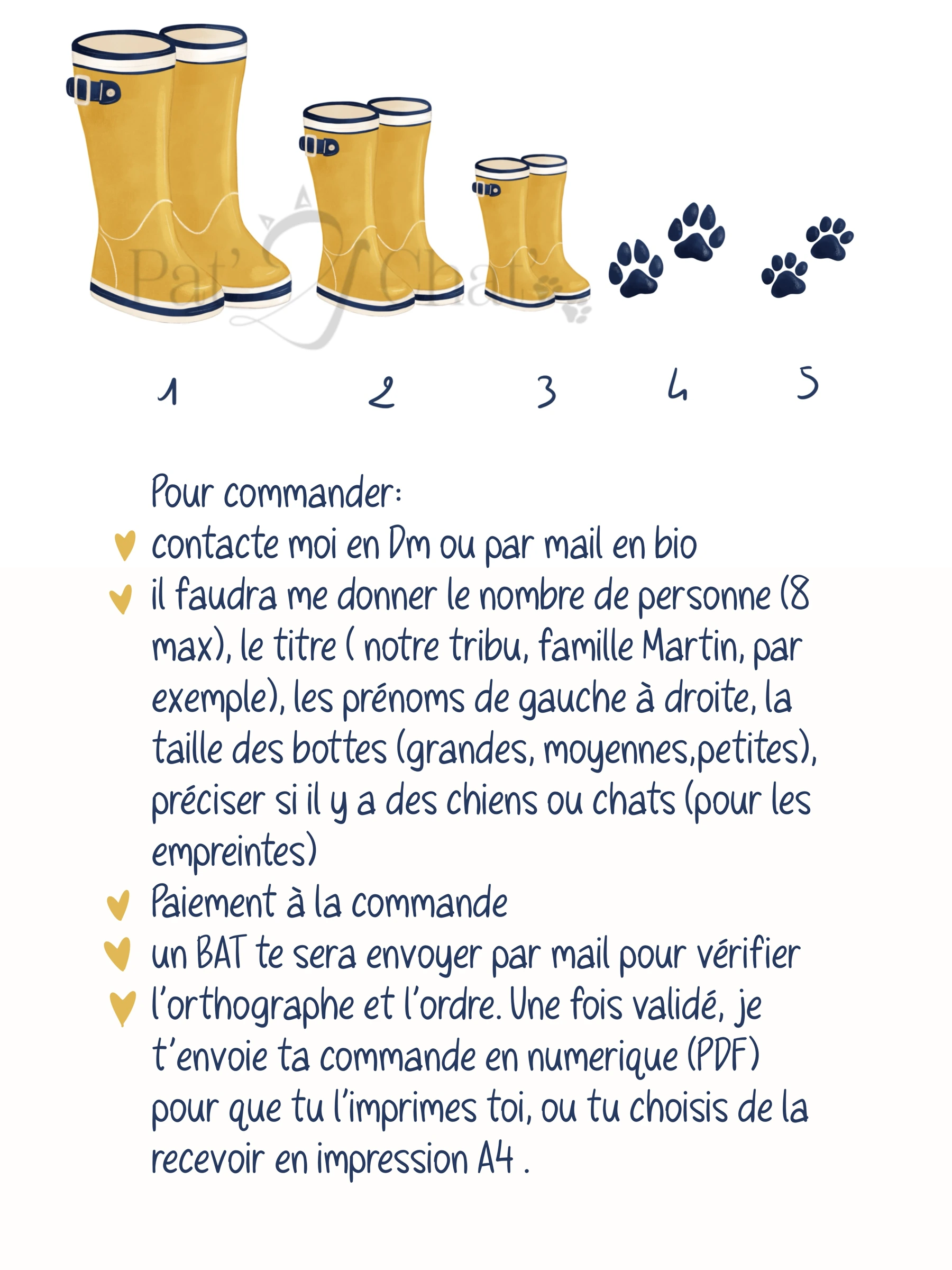 1 : grandes bottes · 2 : moyennes · 3 : petites · 4 et 5 : empreintes. Précise chien ou chat pour chaque animal.