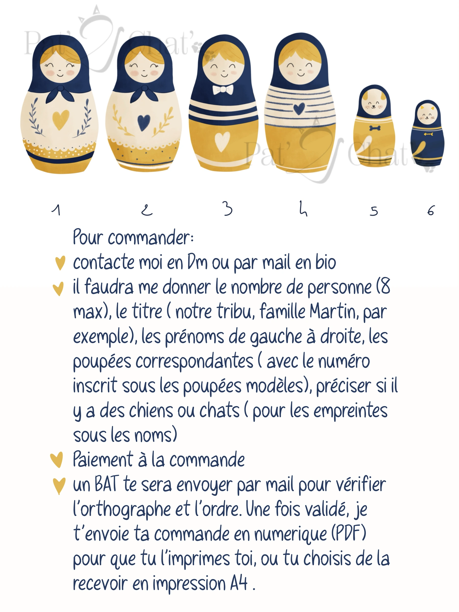 Choisis parmi les poupées 1 à 4. Le n° 5 représente un chien et le n° 6 un chat. Précise aussi le gabarit souhaité pour chaque personne : adulte, enfant ou bébé.