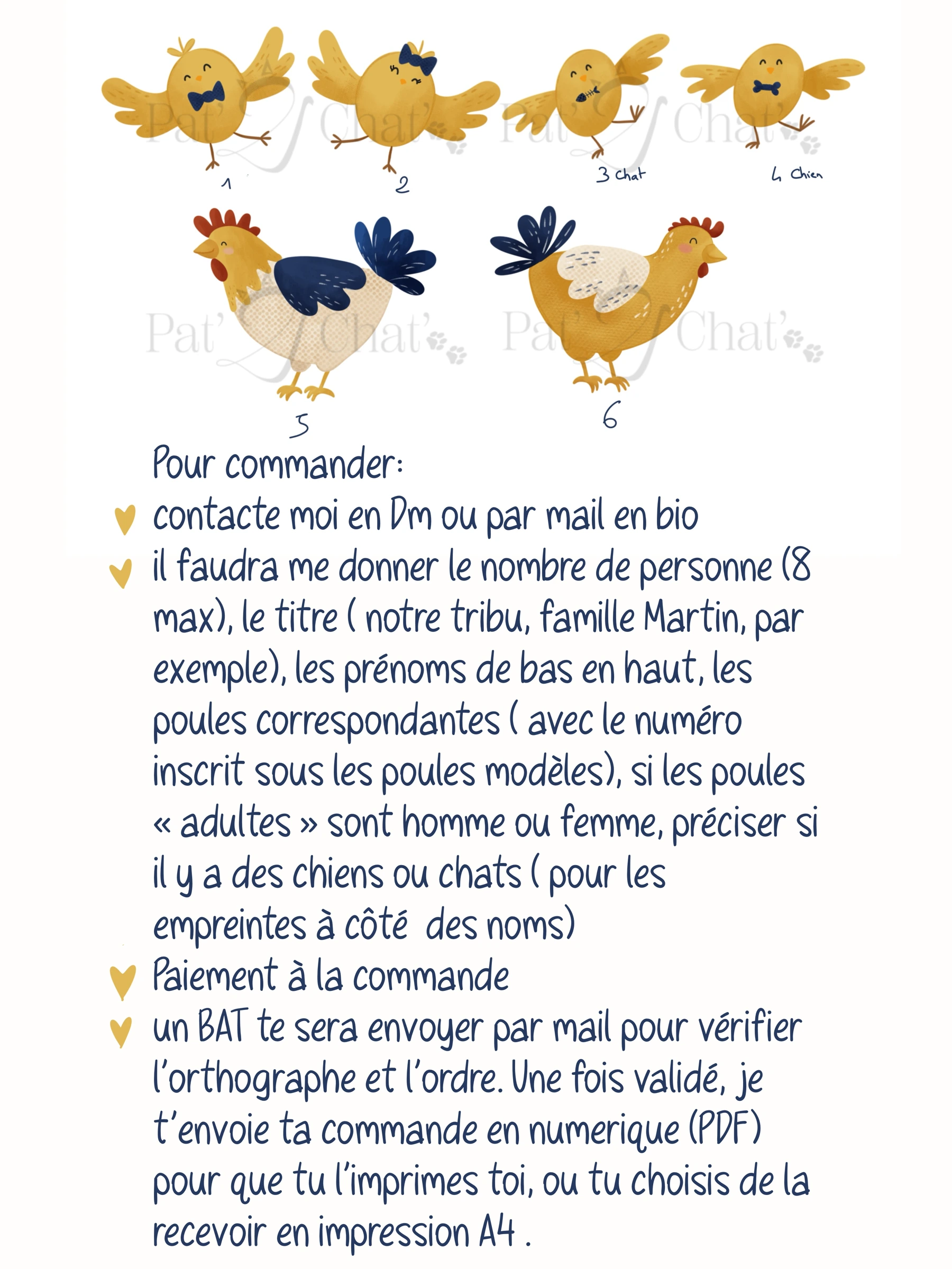 1 et 2 : poussins · 3 : chat · 4 : chien · 5 et 6 : poules adultes. Pour les adultes, précise homme ou femme.