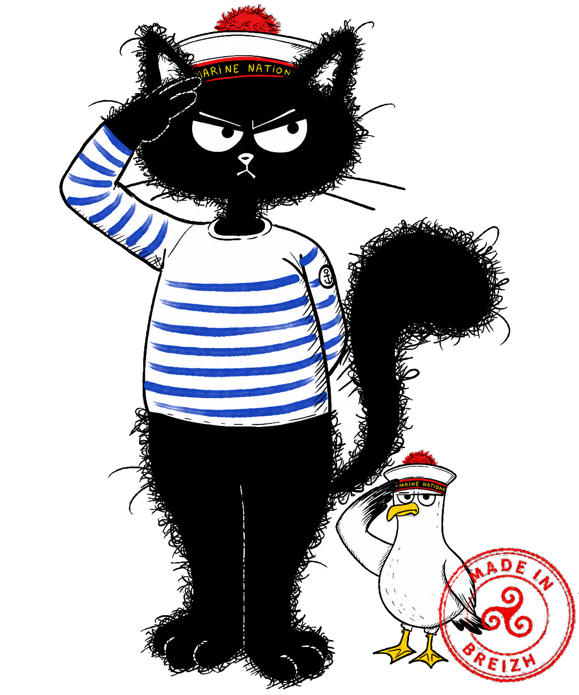 Chat Thon marin avec sa mouette et le tampon Made in Breizh
