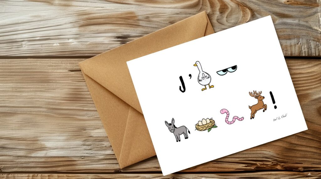 Mise en situation Blank Greeting Card with Envelope Mockup on Wooden Background for Custom Design2 de Rébus Joyeux Anniversaire